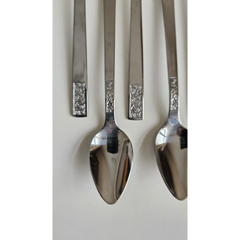 Customcraft Set of 6 Iced Tea Spoons & Serving Fork Stainless Flatware Floral